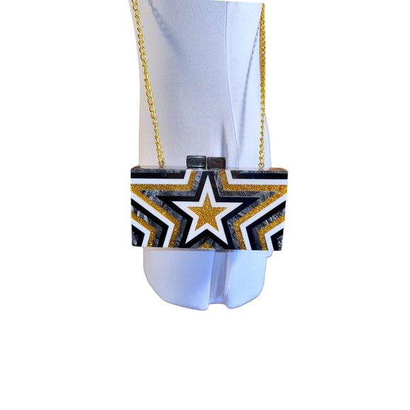 LULU NYC Black White Gold Star Design Small Box Shoulder Bag - Picture 4 of 13